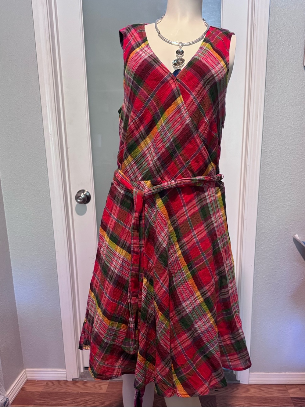 Lauren Ralph Lauren Red Plaid Sleeveless Wrap Midi Dress